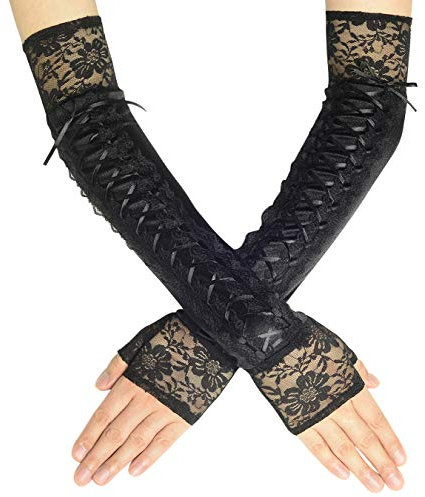 Coucoland Handschuhe Damen Lang mit Senkel Opera Fest Party Gotisch Handschuhe Damen Fasching Kostüm Accessoires (Spitze Kante Schwarz)