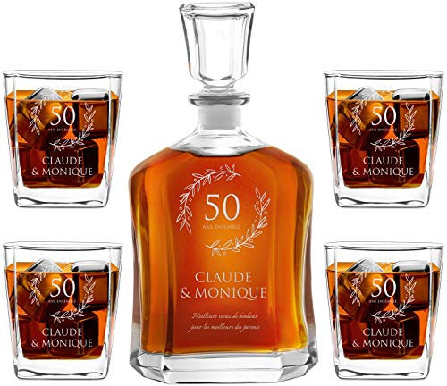 Maverton Ensemble de Carafe et Verres a Whisky Rhum Cognac Avec 4/6 Verres a Whisky Gravés Cadeau couple - 700 ml Service Universel - Cadeau Personnalisé Anniversaire Mariage - Ensemble