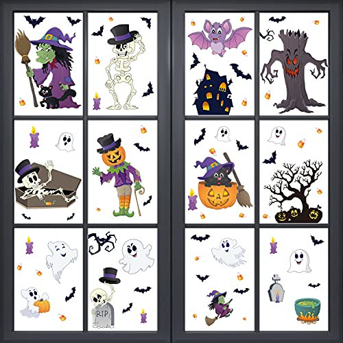 DERAYEE Halloween Aufkleber, Cartonn Aufkleber Sticker Fensterdeko Halloween Deko für Heimdekoration Schuldekoration Halloween Party Kürbisse Geister Spinnen Hexe Schädel 8 Blätter…