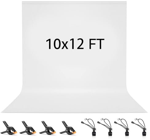 White Backdrop 3 x 3.6 M / 10 x12 FT, Vevelux 100% Polyester Photography Background with 4 Spring Clamps & 4 Anti-Wrinkle Backdrop Clips Foldable Washable White Screen for Studio Photo Video Shooting