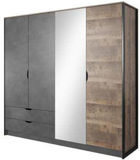 Vente-unique-Armario 4 Puertas y 2 cajones - con Espejo - 220 cm - Color: Natural y Antracita - LAONILE