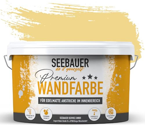 SEEBAUER diy Wandfarbe Gelb 2,5L für Innen (No. 447 Maple Leaf) Edelmatte senfgelbe Innenfarbe - Gelbtöne sehr hohe Deckkraft - Matt, Abwaschbar und Tropffrei