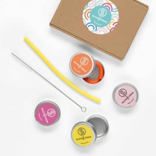 Gift Set 4 Reusable Silicone Straws in Travel Tins (Pink, Orange, Violet & Yellow)