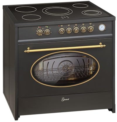 GURARI Cucina Elettrica GCH E 912 BL r, Retro Cucina 90 cm a Libera Installazione in Nero con Grande Forno 121 L | Piano Cottura in Vetroceramica a 5 Zone Hi-Light, Classe Energetica A, Design Vintage
