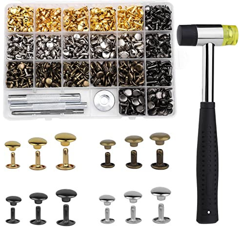 360 Sets Leather Rivets Set 4 Colours Double Cap Rivets for Leather 3 Sizes with Rubber Hammer Installation Tool Set 4 Pieces for DIY Leather Crafts, Clothing, Shoes, Decoration and Repair