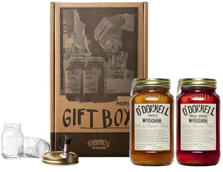 O'Donnell Moonshine Likör Geschenkset Made in Berlin – 2x Premium Toffee & Kirsch Likör (700ml) + 2x Mason Jar Whiskey Gläser + Ausgießer (Geschenk für Männer) in Geschenkbox