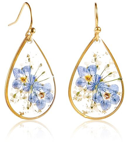 Ohrringe Vergissmeinnicht, Tropfen Ohrringe 14 Karat Vergoldet, Blumenohrringe Elegant süß gepresste Blumen-Ohrringe Tropfen-Ohrringe Schmuck für Frauen Mädchen
