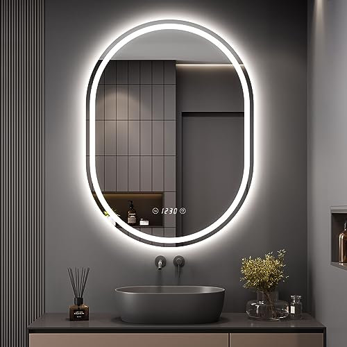 Dripex Badspiegel mit Beleuchtung Led Spiegel mit Uhr und Touch-Schalter, Dimmbar, 3 Lichtfarbe Einstellbare Badezimmerspiegel mit Beleuchtung, Beschlagfrei Oval 60x80 cm