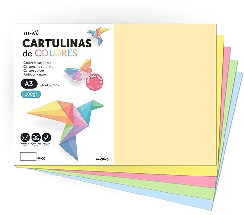 Cartone colorato, cartone A3, fogli colorati 180 g, cartoncino assortito colori pastello, ideale per artigianato, stampa i tuoi documenti e disegni creativi · m-office (50 ore, Surt. torta)