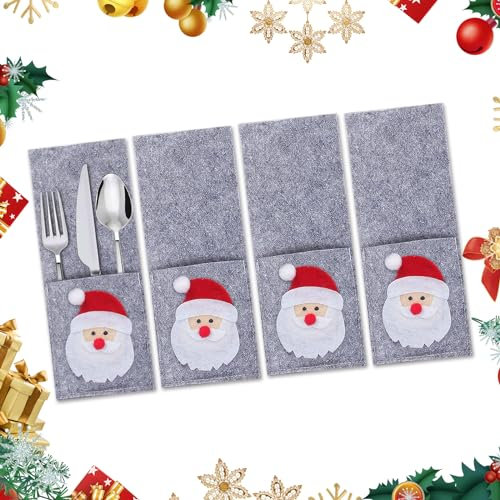 SFSSHUI Weihnachten Besteckhalter Taschen,4 Stück Besteckhalter Weihnachten Filz Tannenbaum Besteckbeutel Weihnachtsmann Bestecktasche Weihnachten Für Party Tisch Weihnachtsdeko
