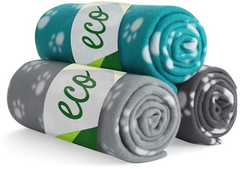 wometo Eco - Set di 3 coperte per animali, 100% riciclato, materiale Oeko-TEX, 70 x 100 cm | 3 pezzi: grigio, grigio scuro e turchese, coperta per cani e gatti, coperta per animali domestici