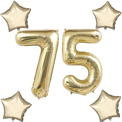 Blasses Gold Luftballons Zahl 75+4 pcs stern Folienballon Zahl 75 .Geburtstag frau mädchen,75 Riesenzahl Ballons 75 .geburtstagsdeko mann,Zahlenballon 75, Helium Ballons 75 Zahlen Luftballon