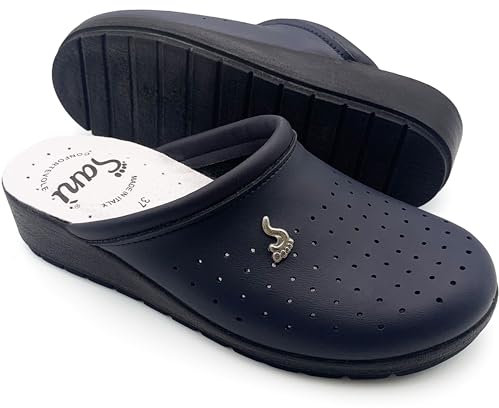 Sani' Anatomische Sanitär-Hausschuhe für Damen, echtes Leder, orthopädische Schuhe, rutschfest, hergestellt in Italien, blau, 38 EU