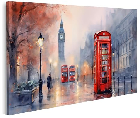 islandburner Bild auf Leinwand Klassisches London Gemälde: Rote Telefonzelle und Bus Abstrakt Bilder Wandbilder Poster
