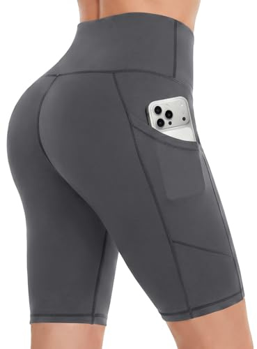 DDOBB Damen Radlerhose mit Taschen High Waist Sport Shorts Damen Sommer Kurze Sporthose Blickdicht Yoga Shorts Leggings Hose Gym Fitness Outdoor(Dunkelgrau,M)
