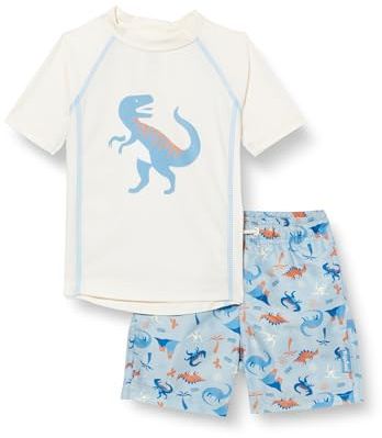Playshoes Unisex Kinder UV-Schutz Bade-Set zweiteilig Schwimmshirt Badeshorts Badebekleidung, Dino Ecru, 134/140