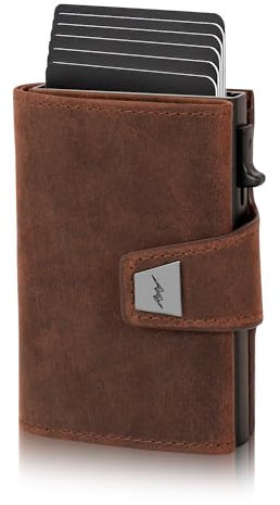 Marc Peter Dublin Braun Buff Leder Push Slim Wallet - Geldbörse mit Münzfach - RFID Schutz kleines Mini Portmonee - dünnes schmales Kartenetui - Inklusive Geschenkbox