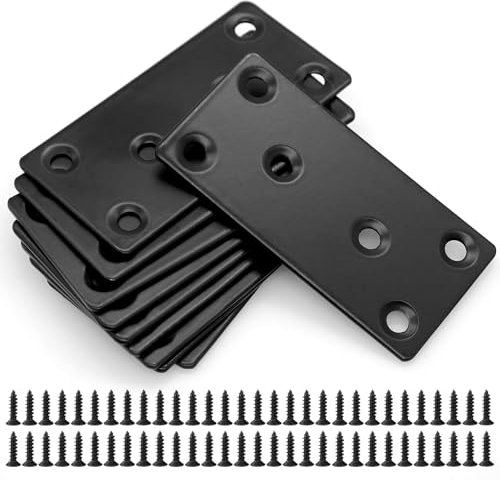 RUNYU 10 conectores planos negros 80 × 40 × 1,8 mm, placa perforada, conector de madera con 60 tornillos, conector plano de acero inoxidable, placa de conexión negra, ángulo plano para conectores