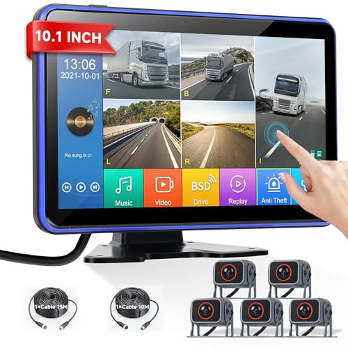 Rimoody Rückfahrkamera 5 Kameras Set, 10.1 Zoll Monitor 5 Geteilte Bildschirm, 1080P Rückfahrkamera IP68 Wasserdicht, Nachtsicht, mit BSD/Loop-Aufnahme/Rückwärtshilfe für LKW/PKW/Bus/Van/Wohnmobile