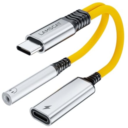 LAMSCAT USB C Kopfhörer Klinke Adapter und Laden, 60W 2in1 Handy Adapter USBC auf Klinke 3,5 Schnellladung für Samsung S24 Google 8, Xiaomi Huawei iPad (gelb-60)