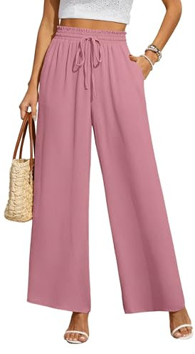 BEIGAI Damen Hosen Weite Lose Gerade Geschnitten Palazzo Hose Hohe Taille Dehnbar Lounge Elegante Hose mit Taschen,Rosa,2XL