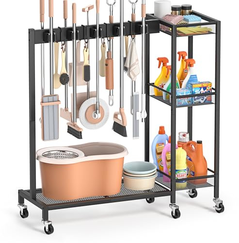 Broom Holder with Cleaning Supplies Organizer, Broom Closet Storage Cabinet with Cleaning Caddy, Cleaning Cart with Mop Hanger Gripper Rack Hooks,Janitorial Housekeeping cart,Laundry Room Organization