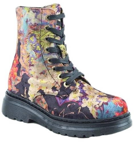 Heavenly Feet Velour Floral Ankle Boots Lace Up Memory Foam Casual Boot With Full Side Zip