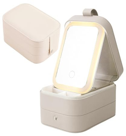 Cosmetic Bag with LED Mirror 3 Layers,CEIEVER Travel Makeup Bag with 3 Colours Led Illuminated Mirror Portable Travel Jewellery Makeup Organiser Mirror Makeup Case with Dividers for Women (White)