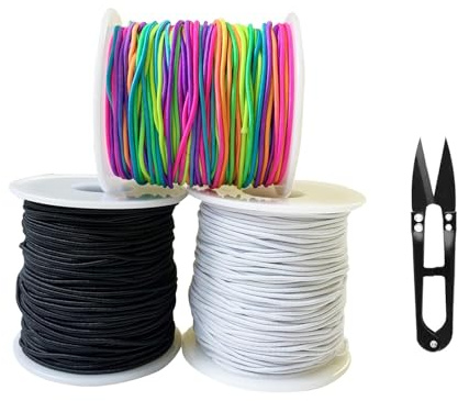SKENGWEL 3 Rolle 1mm*50m Regenbogen Perlenschnur，Gummiband für Armbänder，Elastische Faden Perlenschnur Gummiband mit Schere für DIY Schmuck,Halskette,Handwerk(Farbe/Schwarz/Weiß)