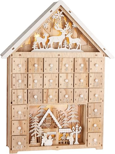 BRUBAKER Adventskalender zum Befüllen - Weihnachtshaus 2026 | Weihnachtskalender aus Holz mit LED Beleuchtung - Rentiere im Wald, Schnee Dorf mit Kindern - 40 cm Haus Kalender Beleuchtet