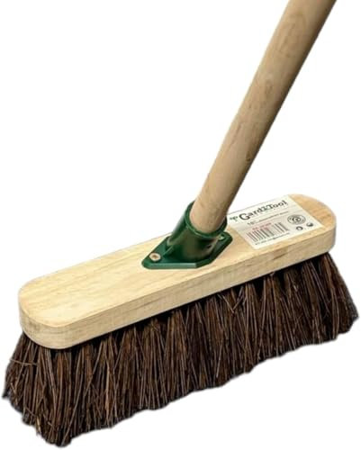 10” STIFF Broom Indoor with Wooden Handle Natural Bassine Bristles Sweeping Brush Durable Support Bracket Cleaning Any Surface Wooden Floor Decking Paving Slabs