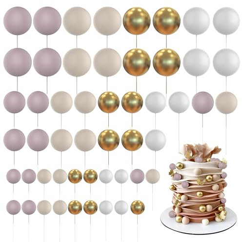 60 PCS Tortendeko Kugel,Torten Deko,Cake Topper Dekorationen DIY Mini Ballon Cupcake Einsatz für Geburtstag Party Baby Dusche Hochzeit Weihnachten(Braun, Hellviolett, Weiß, Gold)