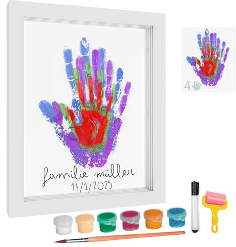 HuBorns - Cornice Impronta Mani e Piedi Neonati con Spazio per 4 Impronte, Kit Impronta Mani Famiglia per Dipingere Impronte, Set Impronte Mani e Piedi Neonato Ideale Regalo Neonato (Bianco)