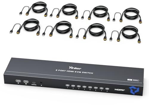 4K 60Hz HDMI KVM Switch 8 Port, Yinker HDMI KVM Switch 8 PC unterstützt 8 Computer 1 Monitor Keyboard Maus mit Typ-C-Ladeport 4 USB Port EDID