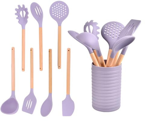 AVEKI Kitchen Utensils Set with Holder, 8 Piece Silicone Heat Resistant Cooking Utensils Set with Wooden Handles, Kitchen Utensil Gadgets Tools Set for Nonstick Cookware, Dishwasher Safe (Purple)