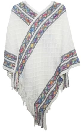 AQCQDQ Damen Retro Pullover Quaste Schal, Winterschal Umhang Damen Pullover Poncho Mit V Ausschnitt, Gestrickter Schal im Retro Ethno Stil, Zopfmuster Cape Wickeltuch Mit Fransen