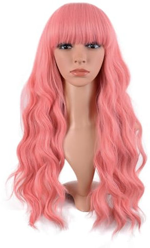 MapofBeauty 26 Pollic/65 cm Lungo Wavy Con Frange Sintetico fibra Ricci Parrucche Party Cosplay Parrucca (Leggero Rosa)