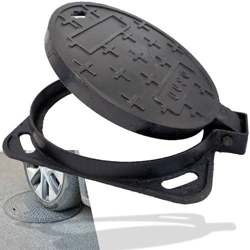 MASSLUNT Cast Iron Manhole Cover and Frame 12”, B Class Black Septic Tank Lid with Base, Round Sewage Basin Lid, Heavy Duty Metal Inspection Cover for Driveway, Concrete, Yard (True 11.8”)1