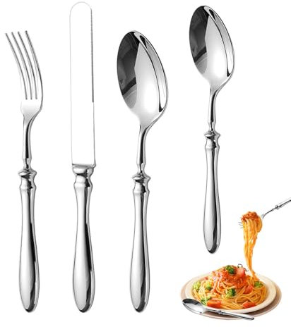 Küchen-Besteck-Set | 4-teiliges Essbesteck-Zubehör | Aus rostfreiem Edelstahl mit Steakmesser, Gabel & Löffel - für Restaurant, Camping, Einweihungsparty und Hochzeit
