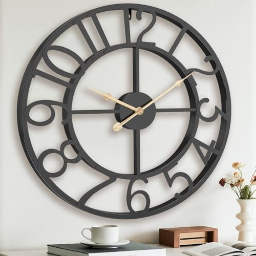 Pytha Sight Wanduhr Schwarz Groß Modern, 33cm Industrial Metall Wanduhr Ohne Tickgeräusch Vintage mit Arabisch Ziffern Wohnzimmer,Küche,Büro,Esszimmer,Heimdekoration