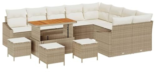vidaXL 13-teiliges Garten-Sofa-Set mit Kissen in Beige aus Poly Rattan und Akazie. Wetterfest, modulares Design, perfekt für Balkon und Terrasse. 5-Sitzer für Deine Outdoor-Lounge.