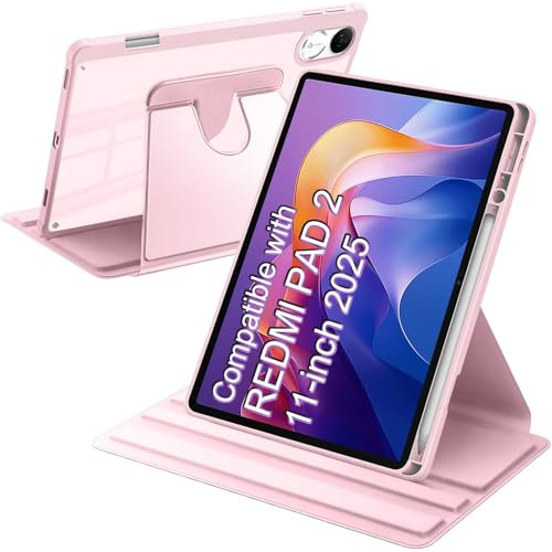 A-BEAUTY Funda Giratoria Compatible con con Xiaomi Redmi Pad 2 11 Pulgadas 2025 Soporte para Bolígrafo, Rotación de 360° Respaldo Clara, Auto-Sueño/Estela, Rosa