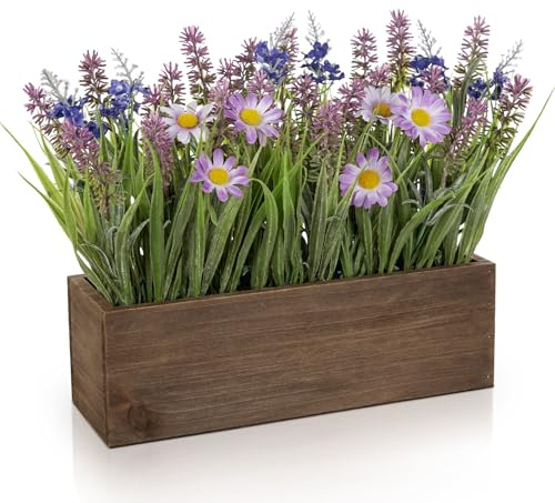 Oairse Kunstblumen Lavendel im Holztopf Blumen Kunstpflanzen Kunststoff Lavendel Blumendekoration für ie Heimdekoration Hochzeitsarrangements Wohnzimmer Tischdekoration Dekor Geschenk, Lila