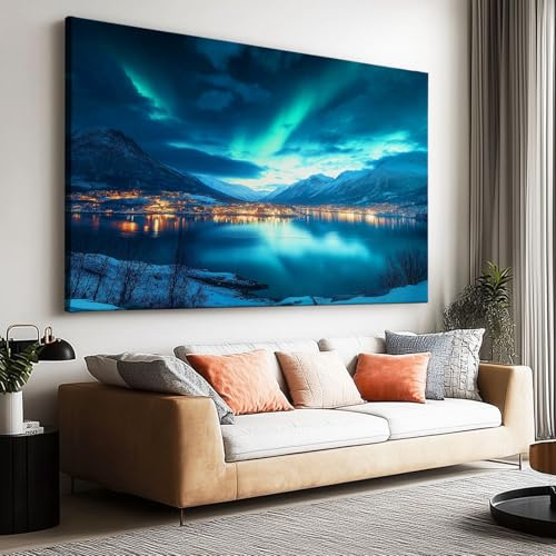 Wandbilder Leinwand 120 x 60 cm Groß Wanddeko Schlafzimmer Kunstdruck - Aesthetic Leinwandbilder Wohnzimmer Gemälde Foto Geschenk Polarlicht Schneeberg Dorf