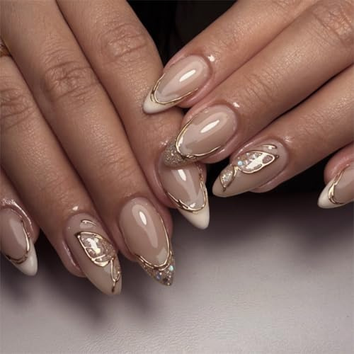 24 Stück 3D Gold Glitzer Mandel Mittel Falsche Nägel mit 12 Größen - Französisches Design für Frauen Mädchen Party & Heimat DIY - Aufklebbare Kunstnägel