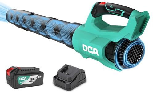 DCA Soplador de Hojas a Batería 20V con Motor Brushless, Volumen de Aire 820 m³/h y 193 km/h, Incluye Batería 4.0Ah, Ligero 1,5kg, Velocidad Variable para Limpieza de Jardín y Polvo
