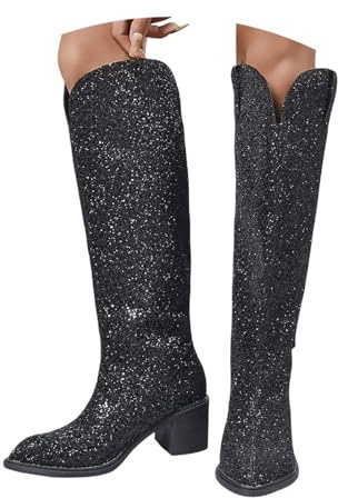 Generisch Stivali con brillantini, da donna, con paillettes, lunghezza al ginocchio, per feste, da equitazione, con punta tonda, mezze lunghe, per l'inverno e l'autunno, O nero., 38 EU