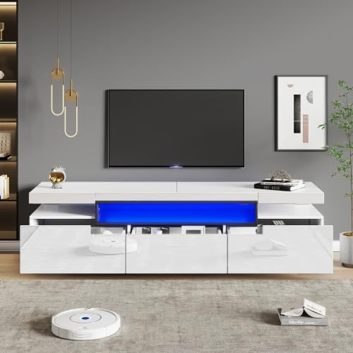 Merax TV Schrank mit LED-Beleuchtung, Weißes Lowboard für Wohnzimmer, 70 Zoll TV geeignet, 3 Schubladen, Hochglanz-Oberfläche