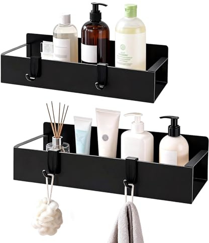 2 Pezzi Mensola per Doccia Senza Foratura, Nera, Mensola Portaoggetti Antiruggine per Il Bagno, Mensola per Shampoo E Bagnoschiuma, Mensola per Doccia Nera, Mensola da Bagno Con 4 Ganci