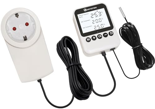 KETOTEK Presa Termostato con Timer – Regolatore di Temperatura Giorno/Notte Digitale 230V, LCD con Retroilluminazione per Terrario Rettili & Serra, 3 Modalità Selezionabili, Sonda NTC 3m